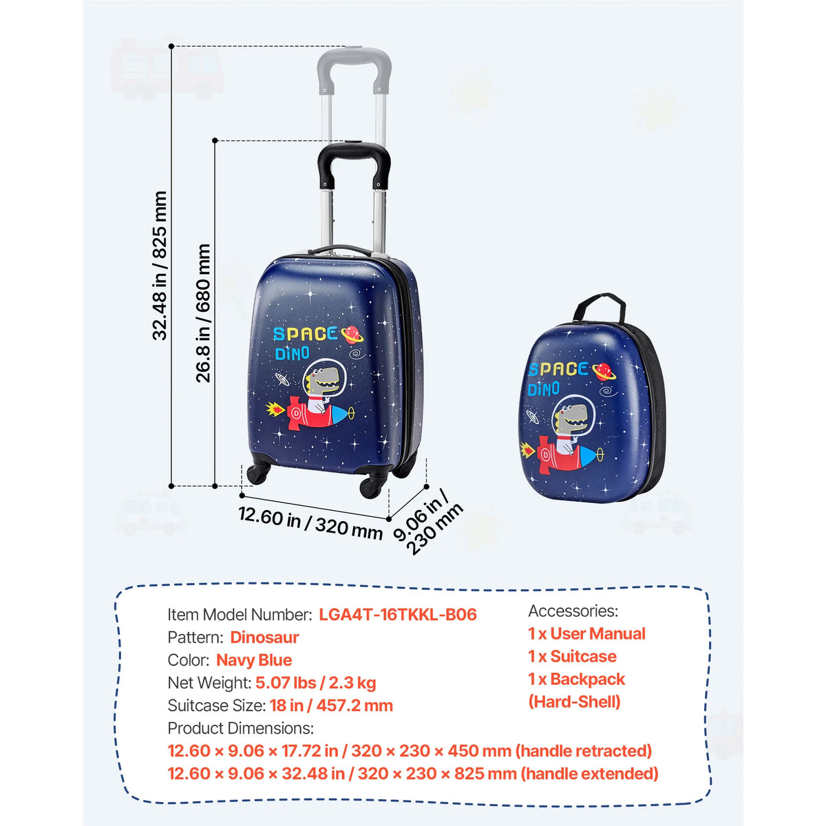 SucceBuy Kids Dinosaur Hard Shell Luggage Set With Backpack