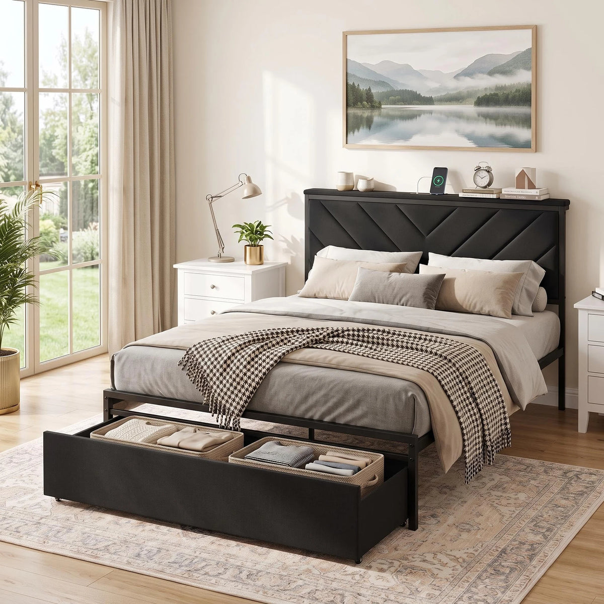 HiMISS Metal Platform Bed With Storage Drawers And Charging Station