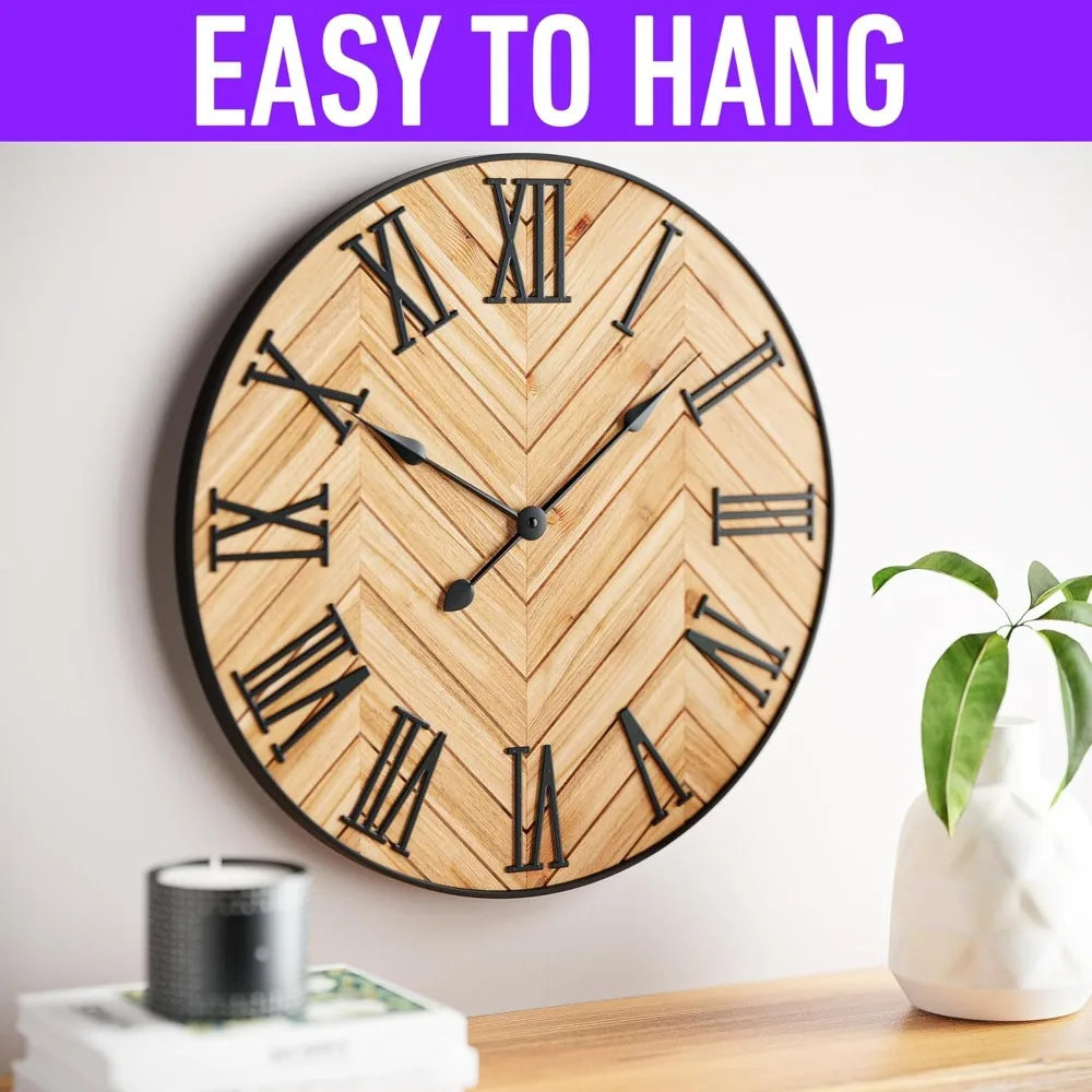 Farmhouse Wall Clock Silent Metal And Wood Living Room Decor