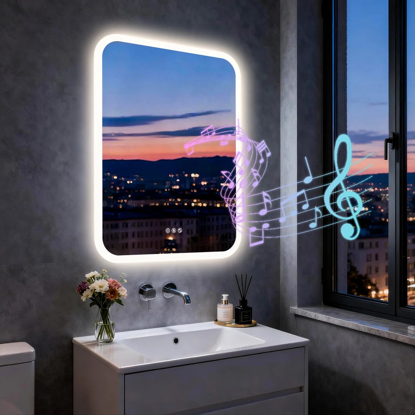 Rectangle LED Bathroom Mirror With Bluetooth Speaker Anti Fog Backlight Dimmable