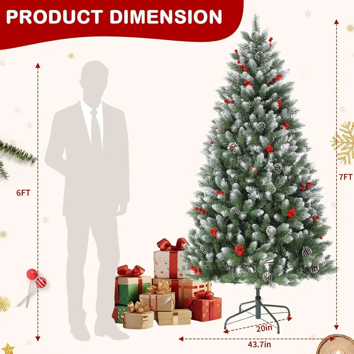 HiMISS Snow Flocked Artificial Christmas Tree With Pine Cones
