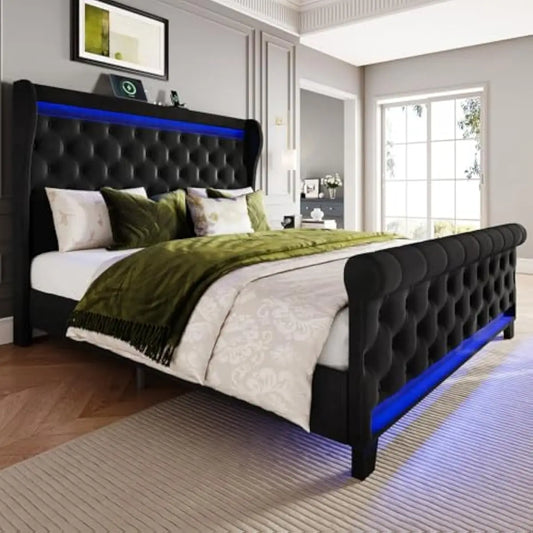 Upholstered Platform Bed Frame With Tufted Headboard LED Lighting USB Ports