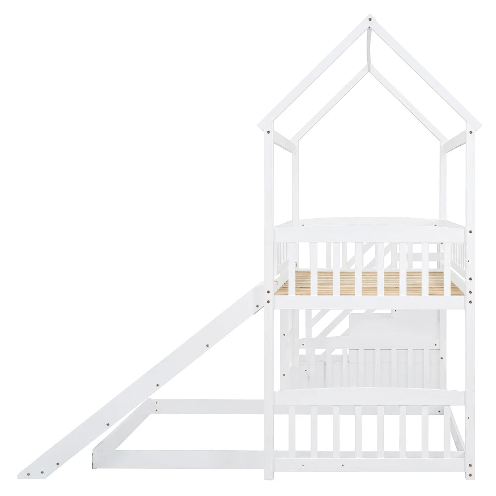 Twin Over Full House Bunk Bed With Slide Pine Frame