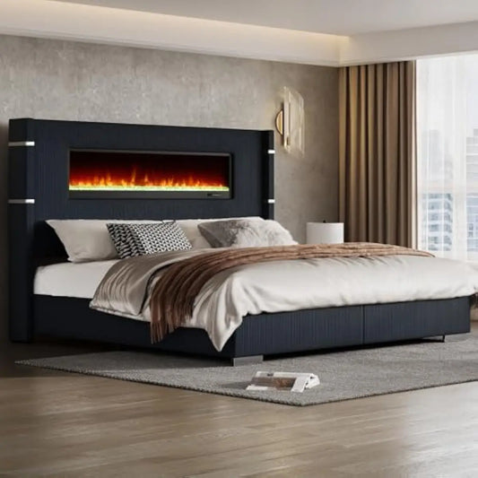 Modern Upholstered Bed Frame With Integrated Electric Fireplace