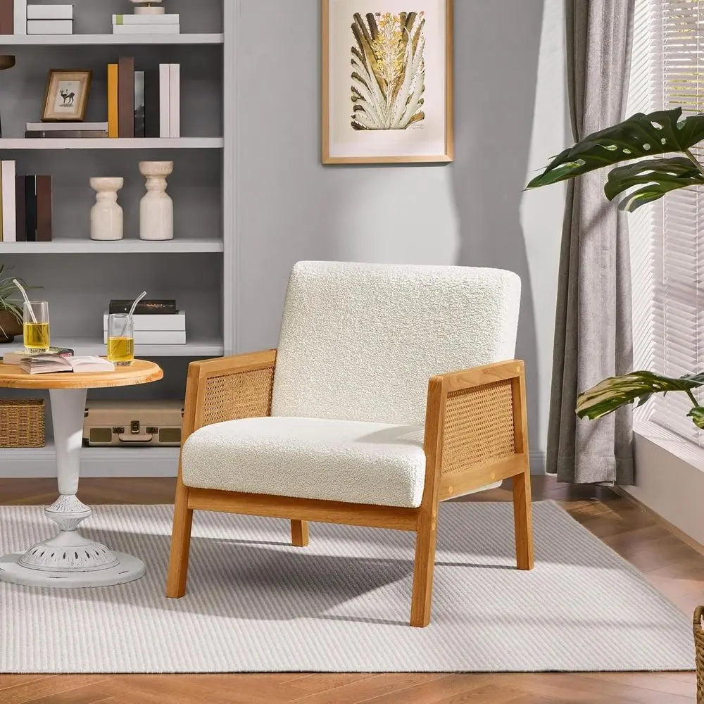 Rattan Accent Chairs Set Boho Vintage Boucle Fabric Reading Chairs