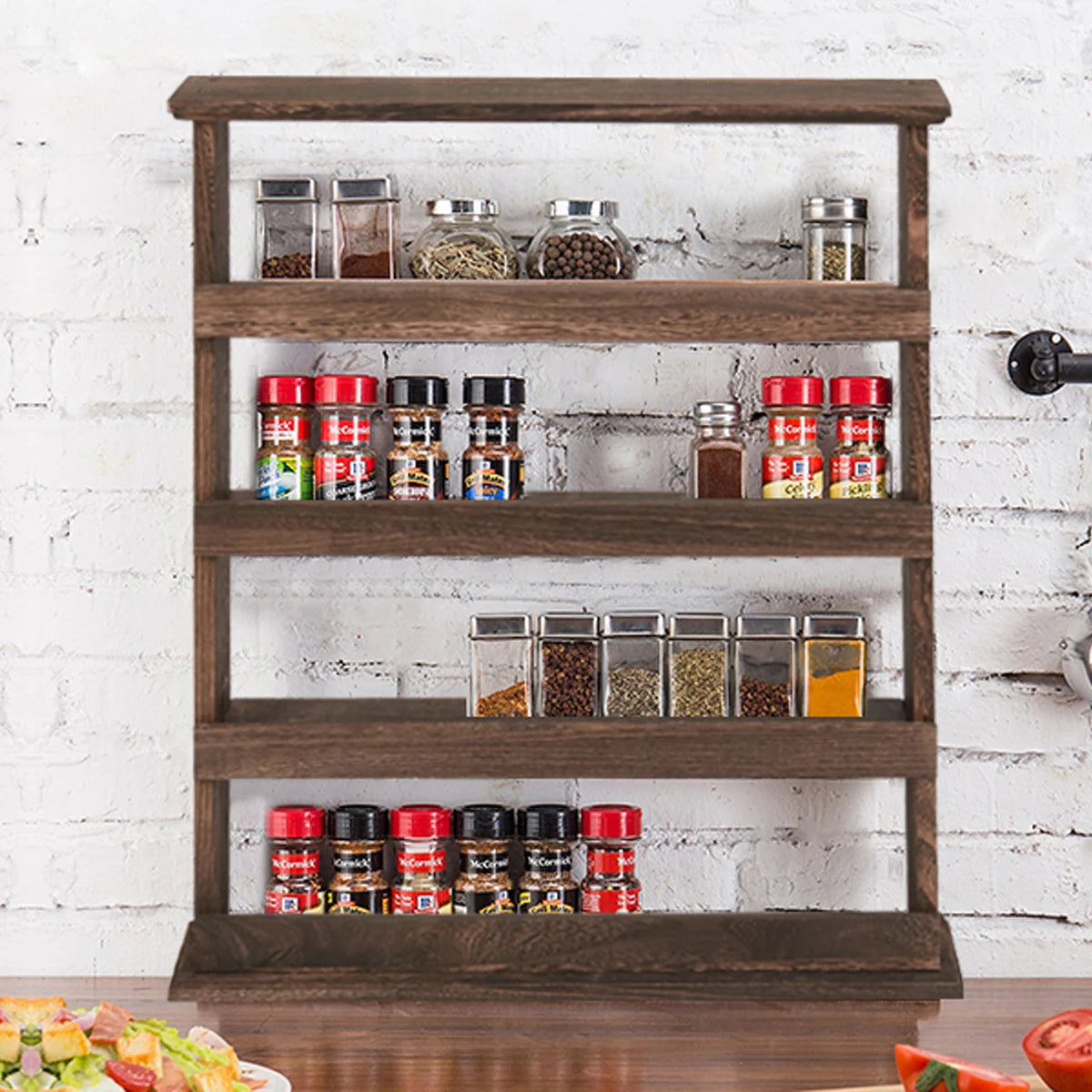 Wood Spice Rack Wall Mount Organizer Tiered Holder