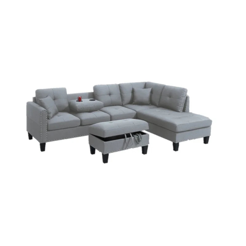 Segmented Storage Sofa Set with Plush Cushions and Cup Holders