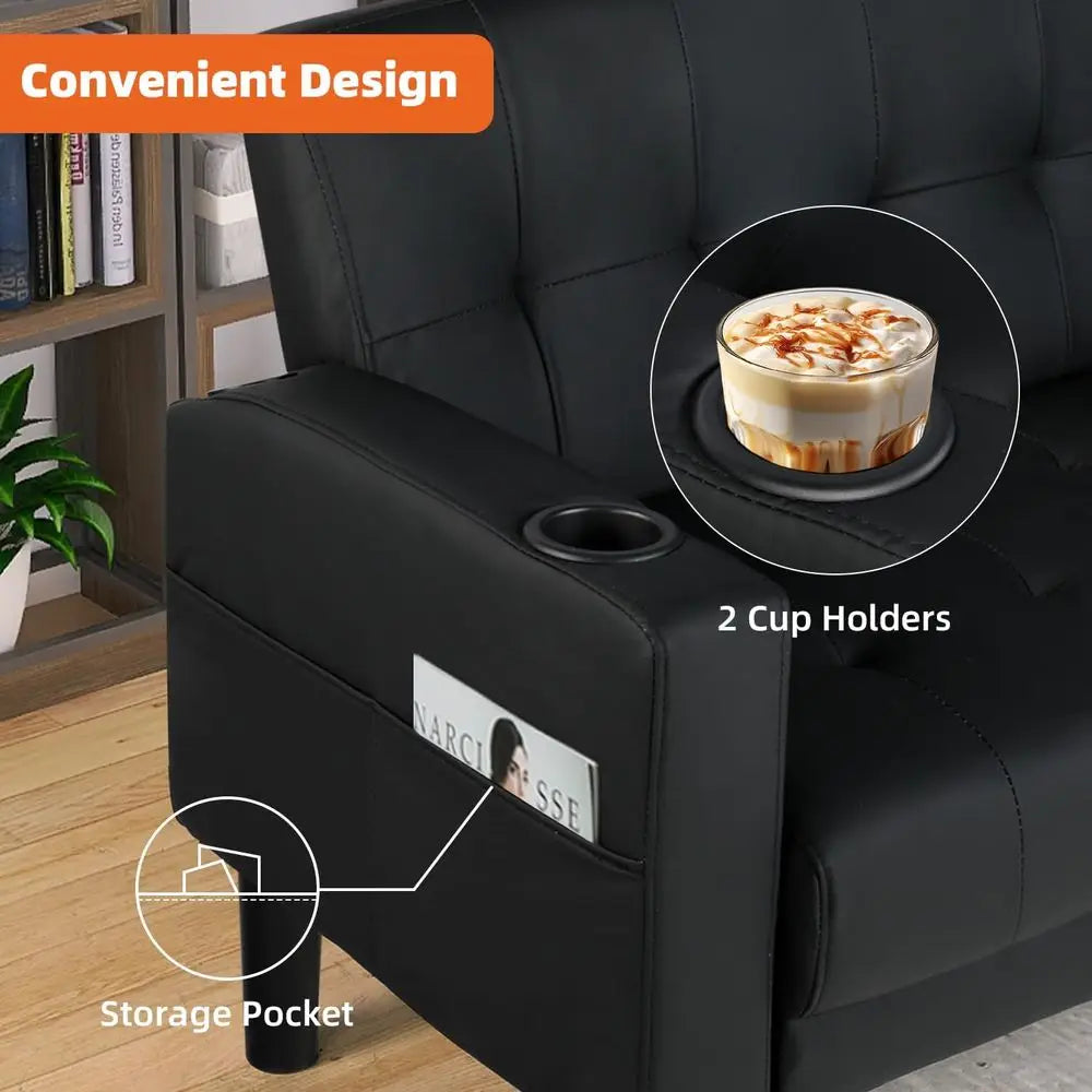 Upholstered Leather Loveseat Sofa With USB Ports And Cup Holders