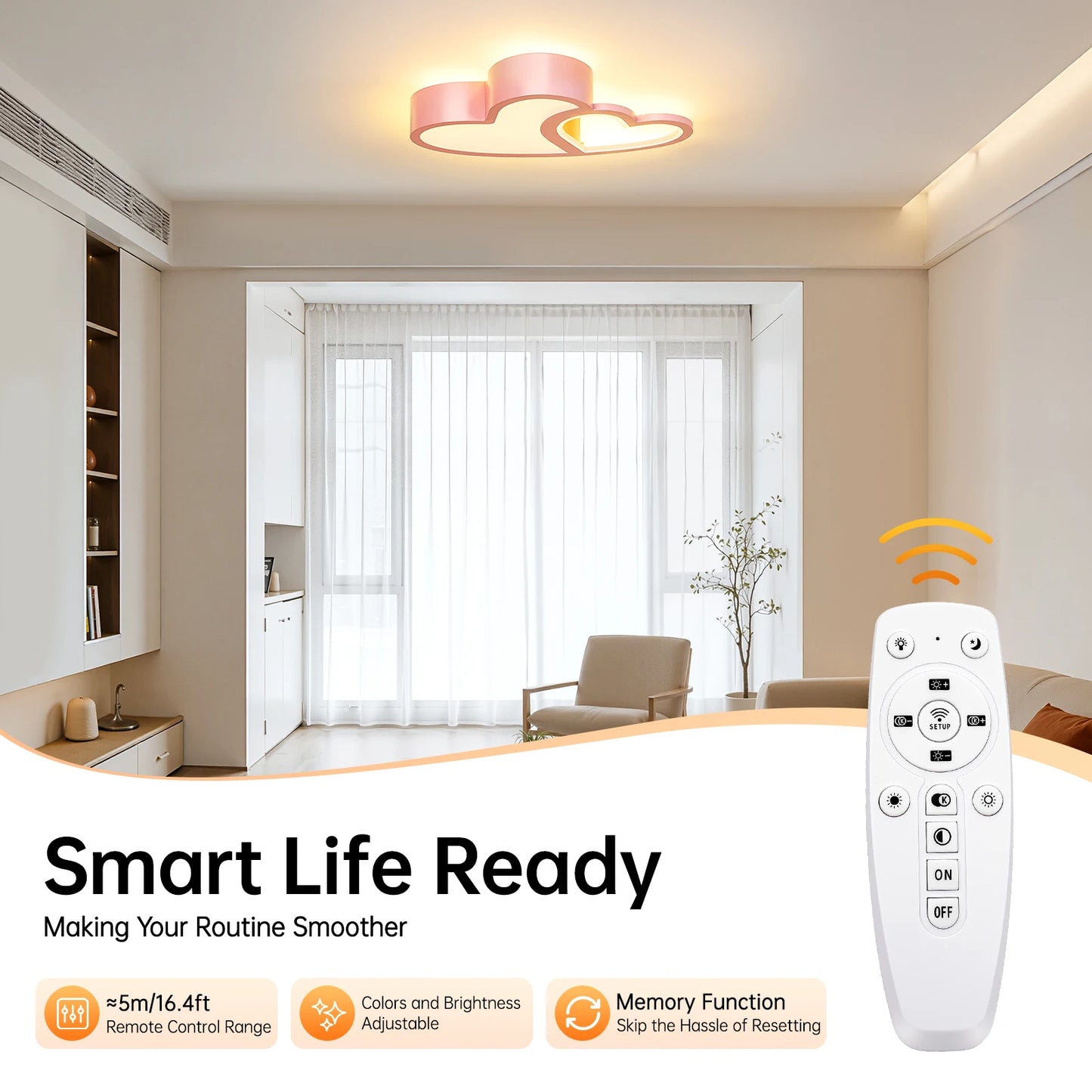 Heart Shaped LED Ceiling Light With Remote Dimmable Kids Room