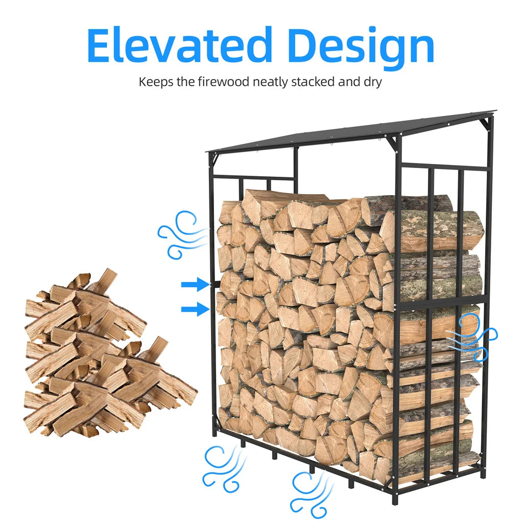 Outdoor Metal Firewood Log Storage Rack With Waterproof Roof