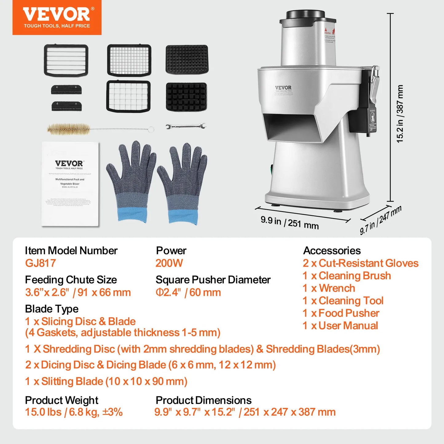 VEVOR Electric Vegetable Slicer 4 In 1 Multifunctional Food Cutter 200W