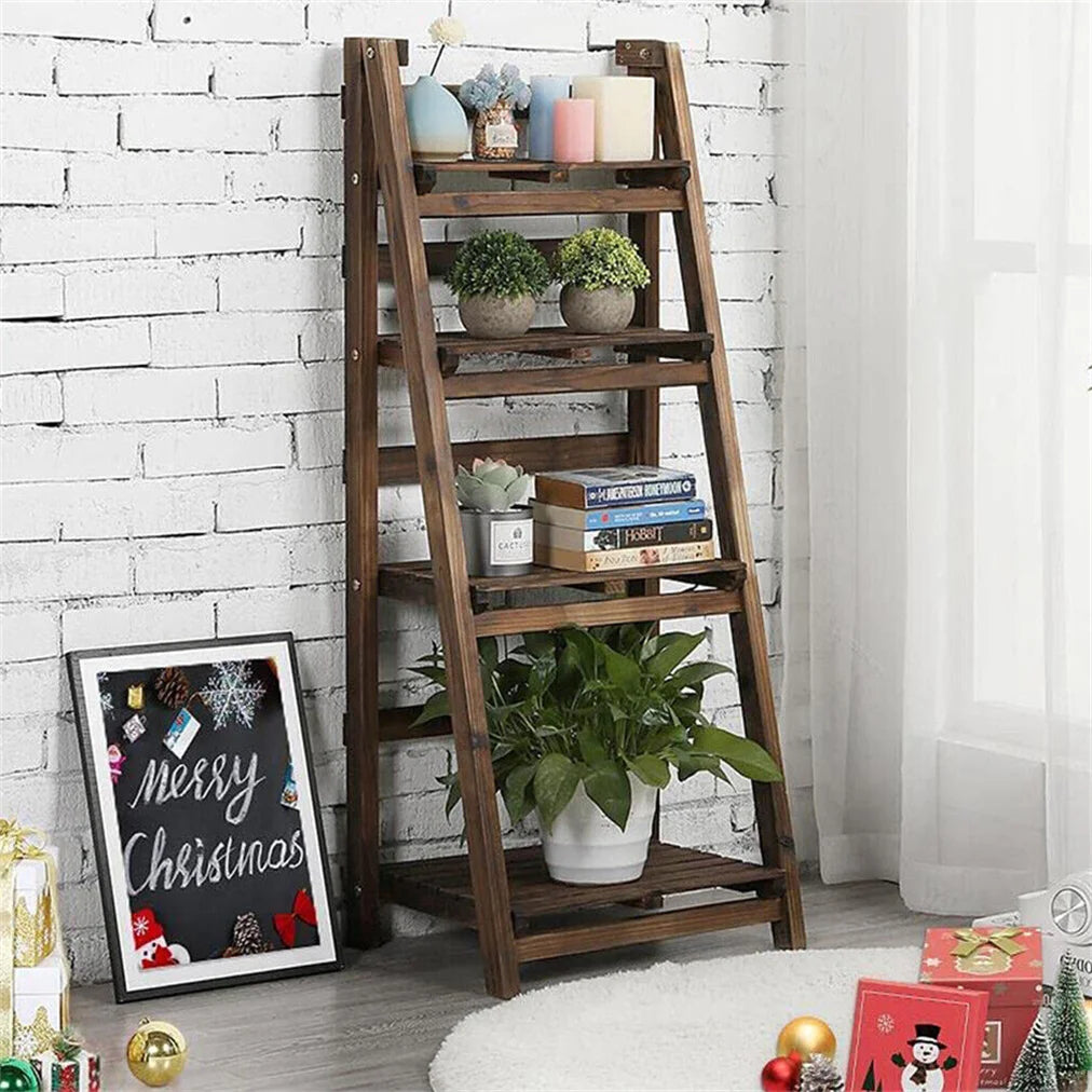 Folding Wooden 4 Tier Ladder Shelf Storage Bookcase