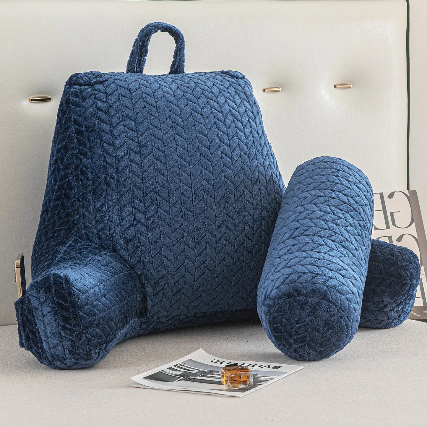 Bed Rest Reading Pillow With Arms For Backrest Support And Neck Roll
