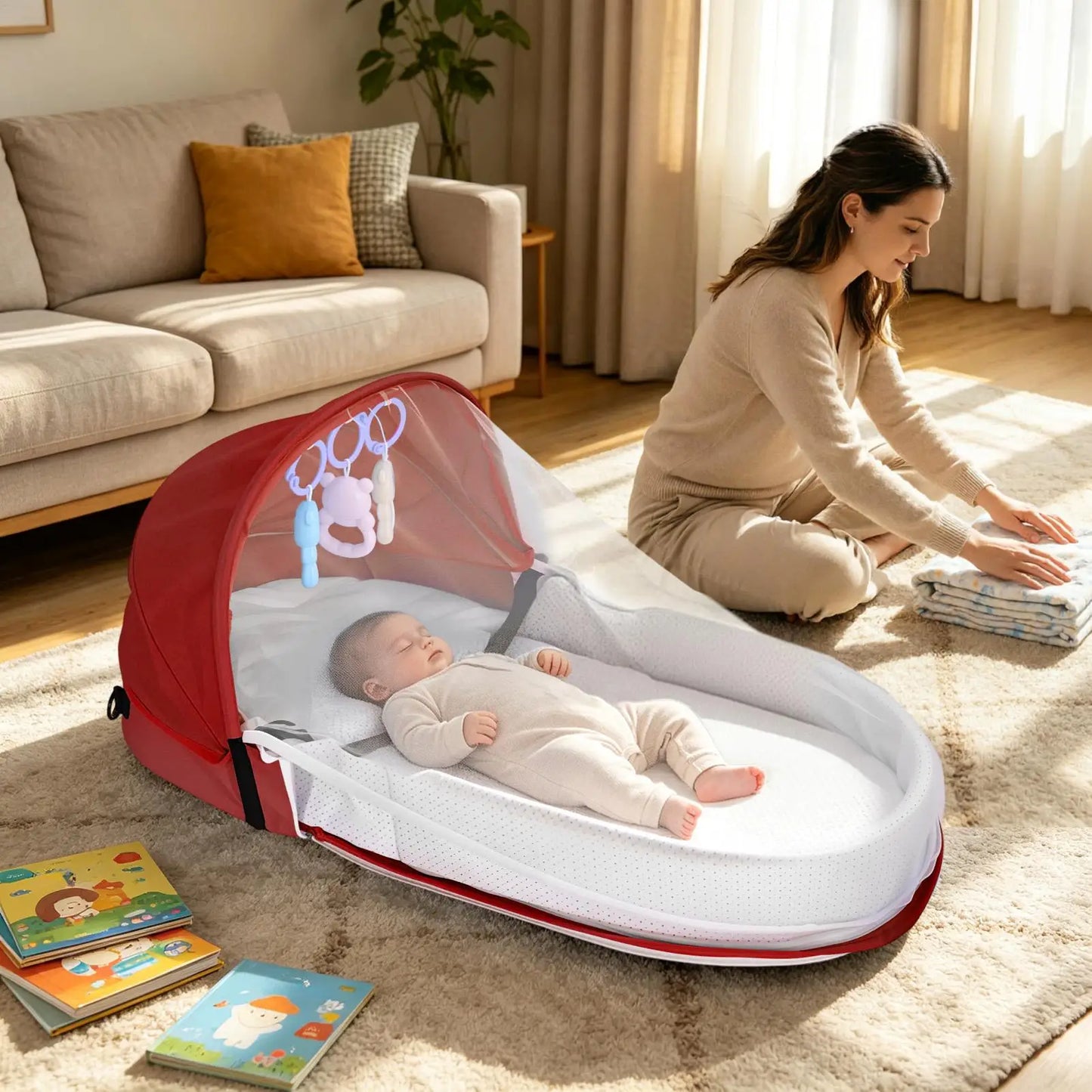 Portable Kids Travel Bed Lightweight Crib With Fly Net Camping