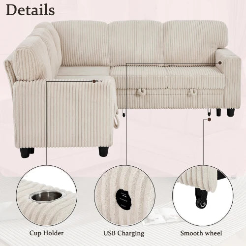 L Shaped Sectional Sofa Bed With USB Charging And Storage