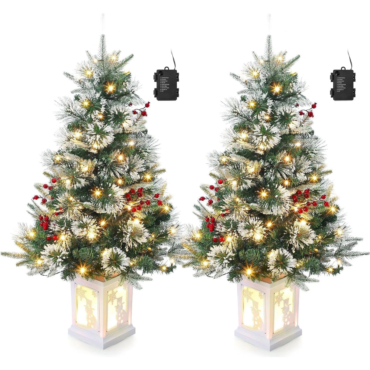 HiMISS Two Piece Prelit Flocked Christmas Trees With Potted Bases