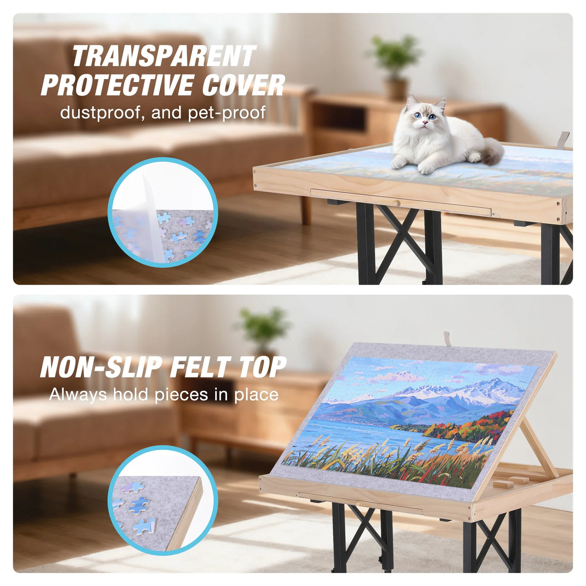 Adjustable Wooden Puzzle Table with Tilting Board and Storage Drawers
