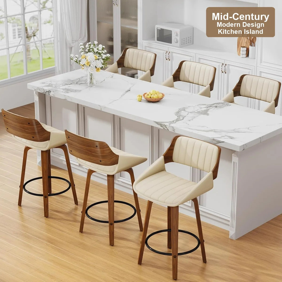 Four Swivel Counter Height Bar Stools with Upholstered Bentwood Backs