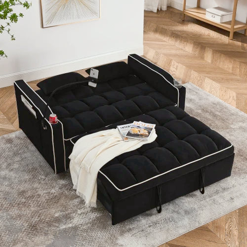 Modern Velvet Sofa Bed With Pullout Adjustable Back USB Port