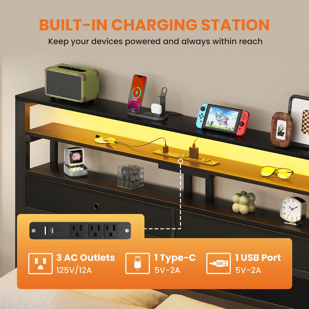 MCQ Metal Platform Bed Frame With Storage Headboard Charging Station