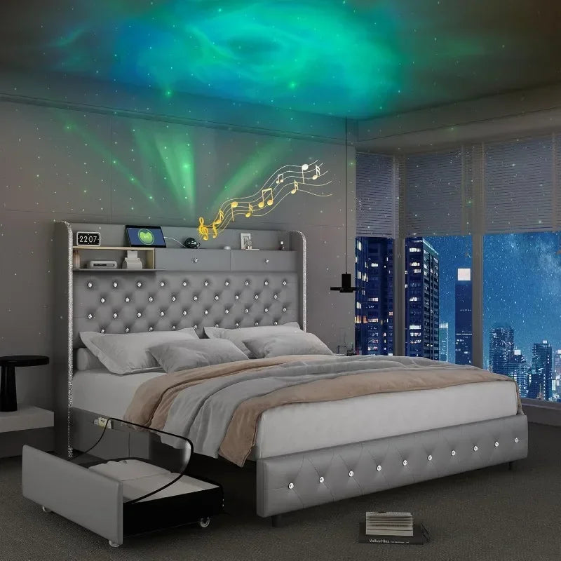 LED Bed Frame Galaxy Aurora Star Projector And Charging Station