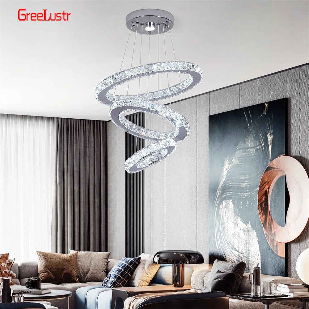 GreeLustr Adjustable Crystal Ring Led Pendant Light Fixture