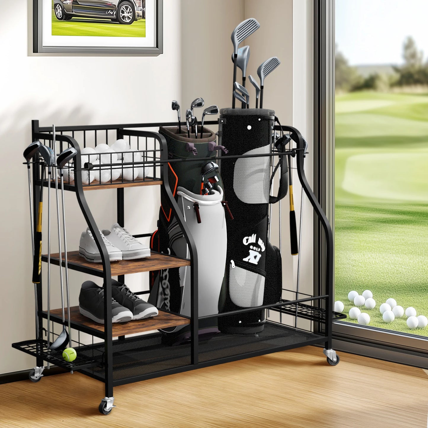 Rolling Golf Storage Rack Garage Organizer With Lockable 360 Degree Wheels