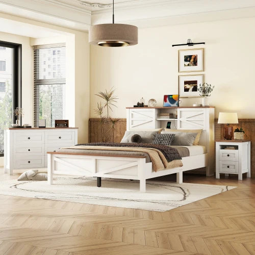 Farmhouse 3-Piece Bedroom Set With Platform Bed Storage Nightstand Dresser