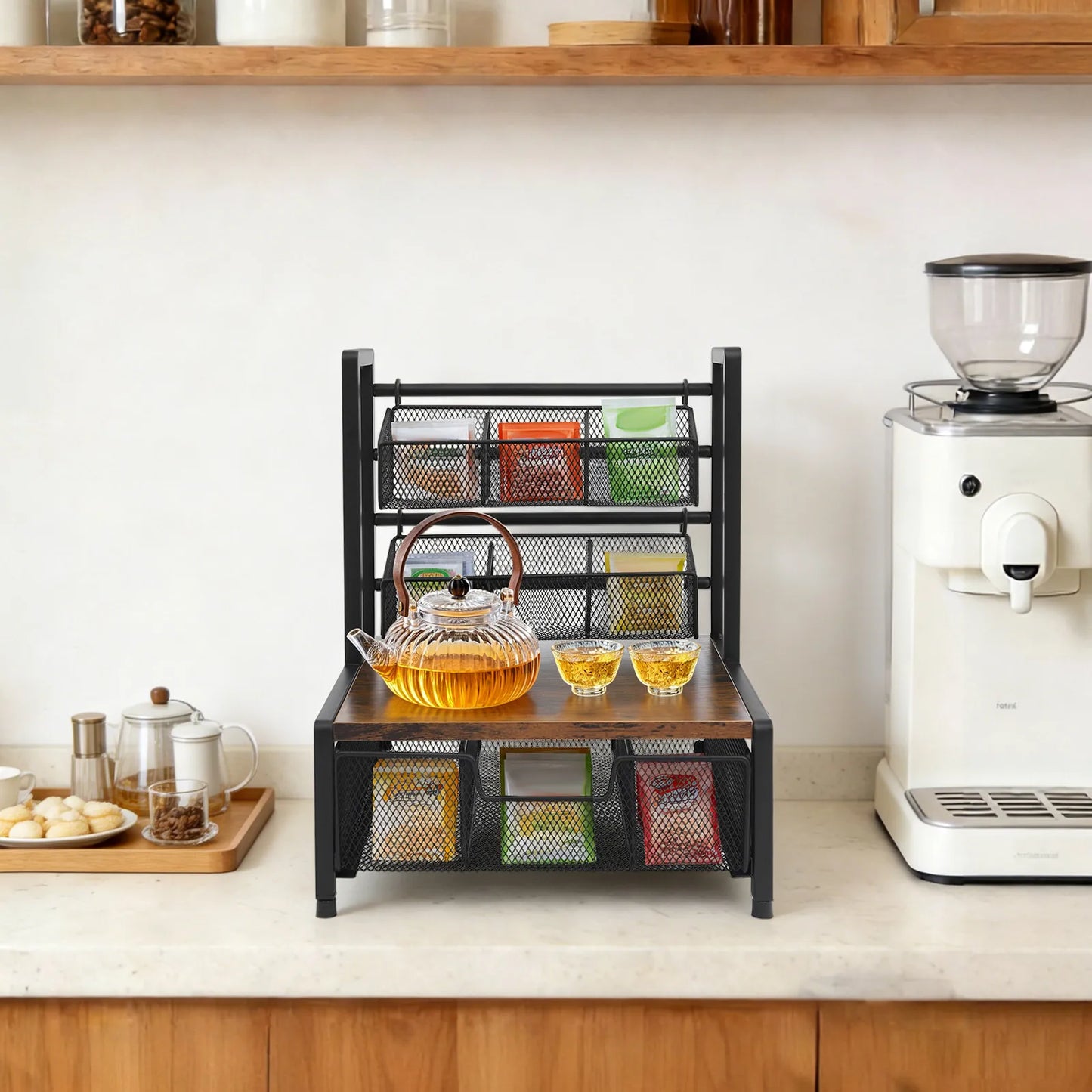 Kitchen Tea Bag Holder Counter Organizer Space Saver With Wire Baskets