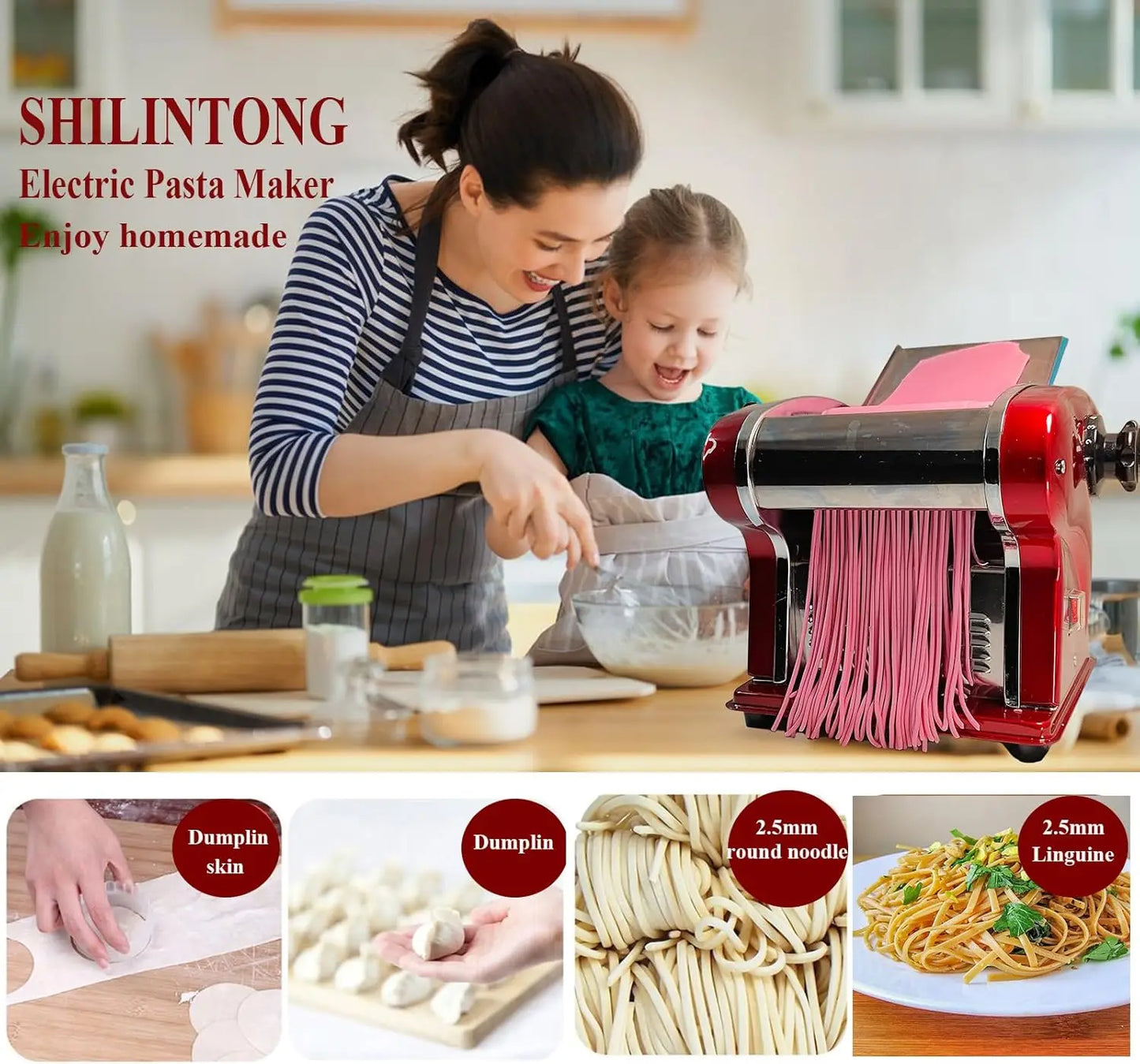 XMSJ Electric Pasta Maker Noodle Machine 2.5mm Blade 0.3-4mm Adjustable