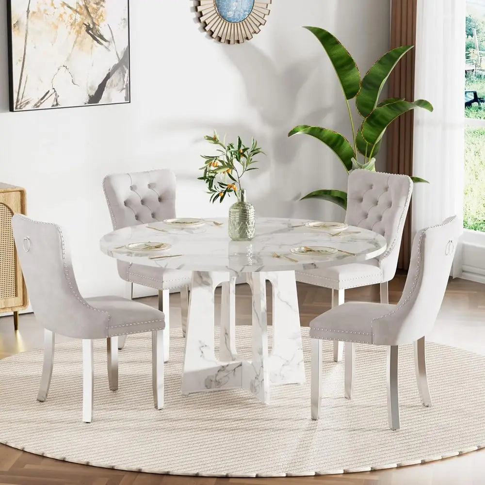 Ticify Marble Round Armhouse Dining Table Set For Four