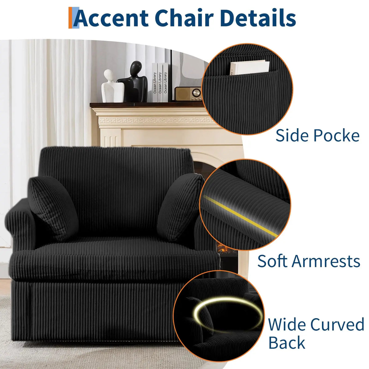 HiMISS Modern Velvet Swivel Accent Chair With Storage Pockets