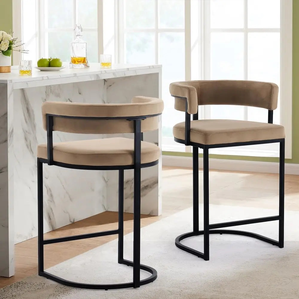 Velvet Bar Stools With Barrel Backrest and Metal Footrest