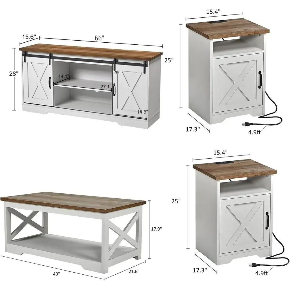 Sliding Door TV Stand Coffee Table End Tables Side Table With Charging Ports