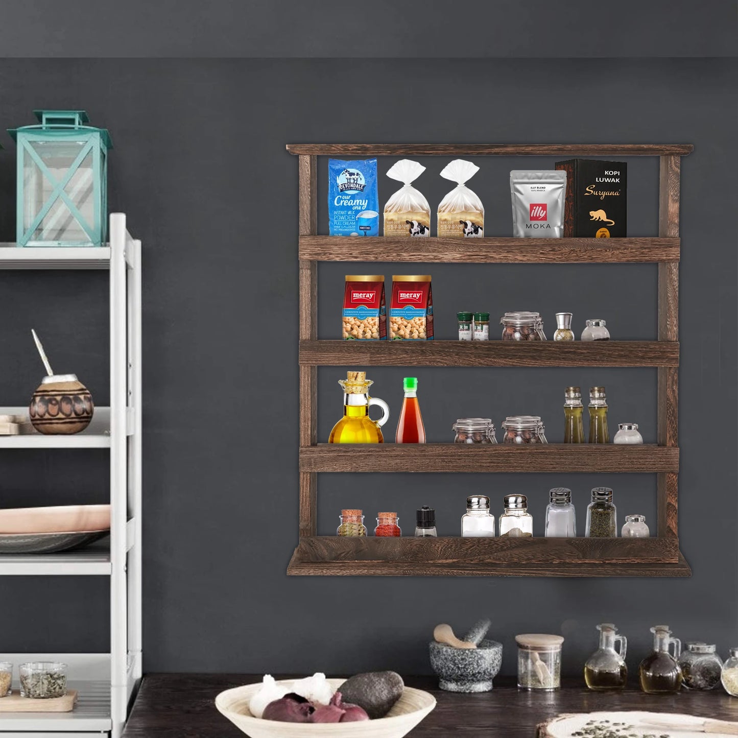 Wood Spice Rack Wall Mount Organizer Tiered Holder