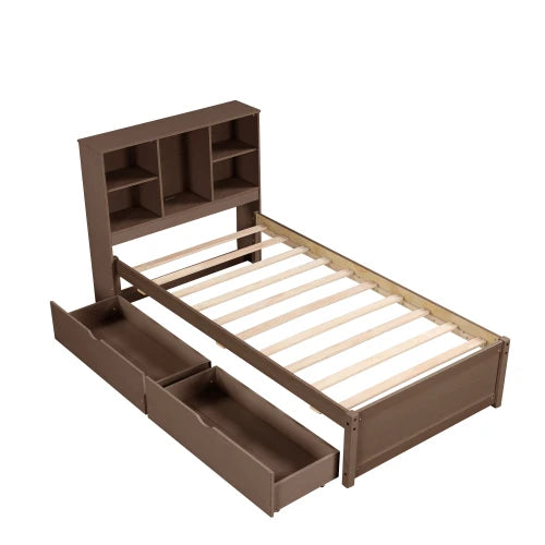 Bed Frame With USB Port On Bookcase Headboard And Drawers