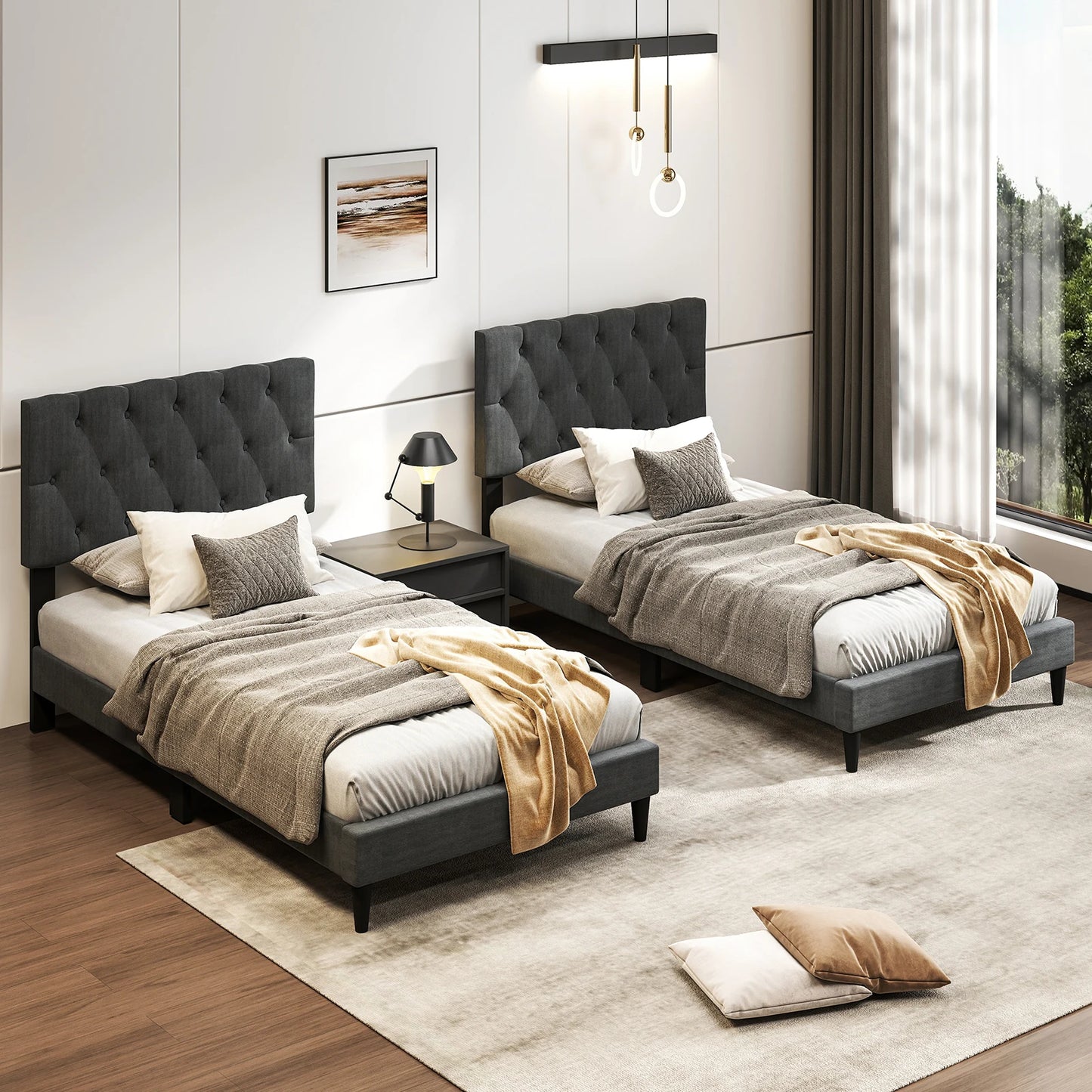 HOMASIS Bed Frame With Button Tufted Headboard And Wooden Slats