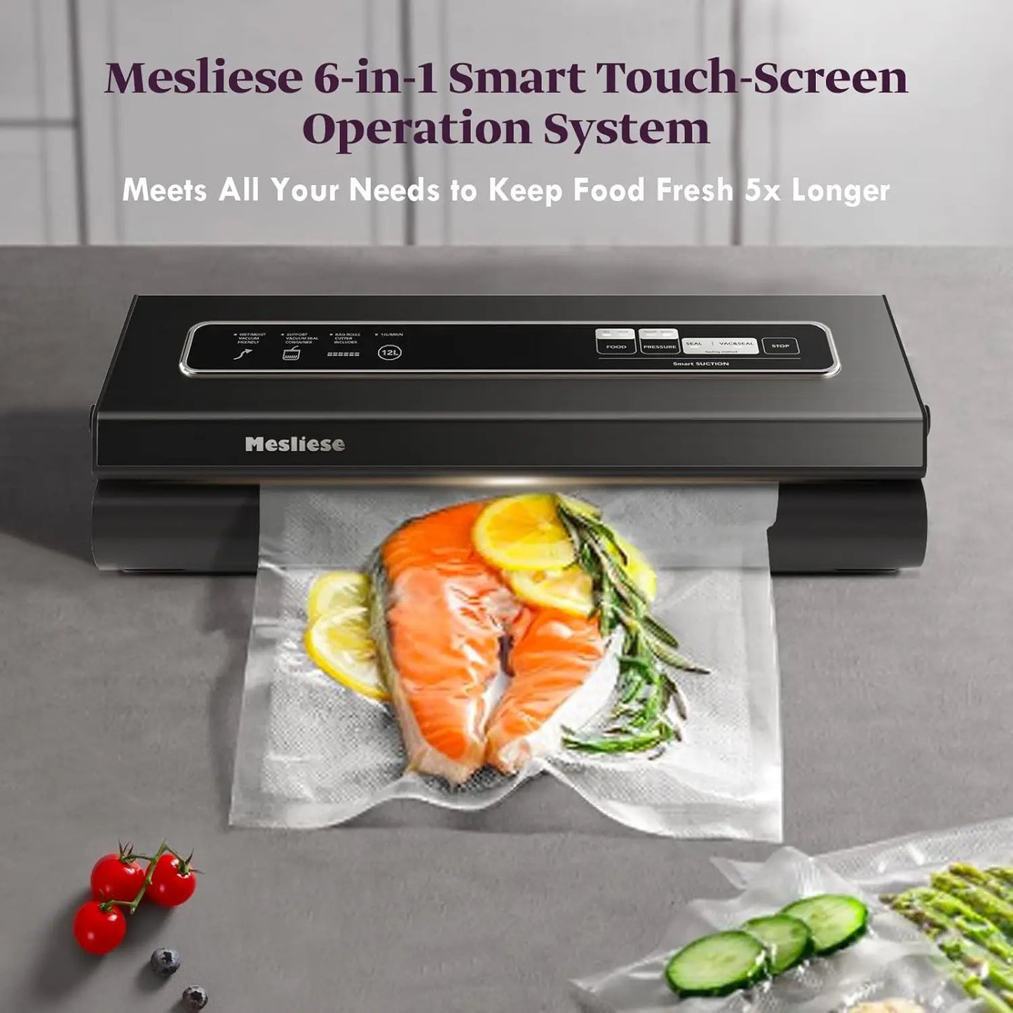 XMSJ Vacuum Sealer Machine 90KPa Powerful 6-in-1 Compact System