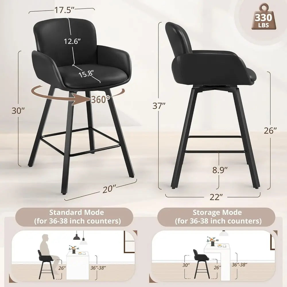 Four Swivel Upholstered Counter Height Bar Stools with Arms and Backrests