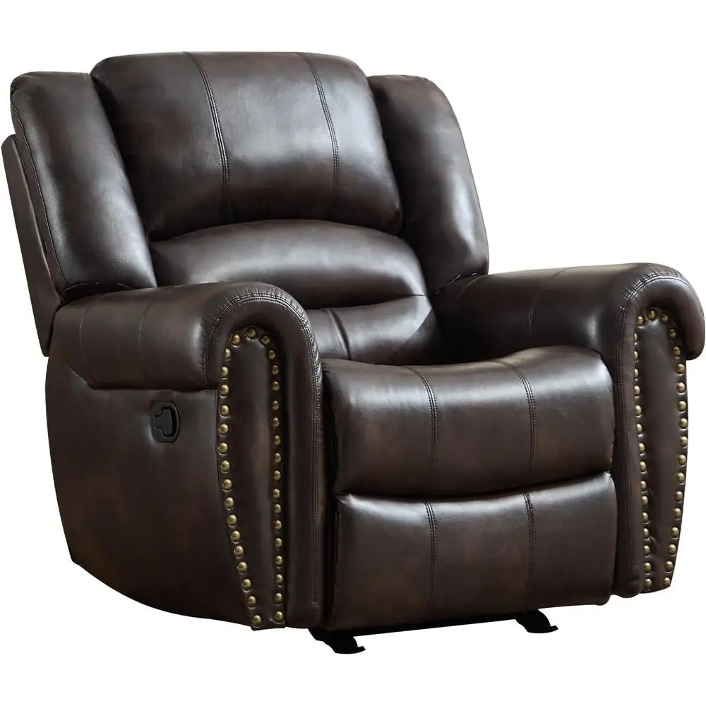 Leather Rocker Recliner Chair With Overstuffed Backrest And Armrests