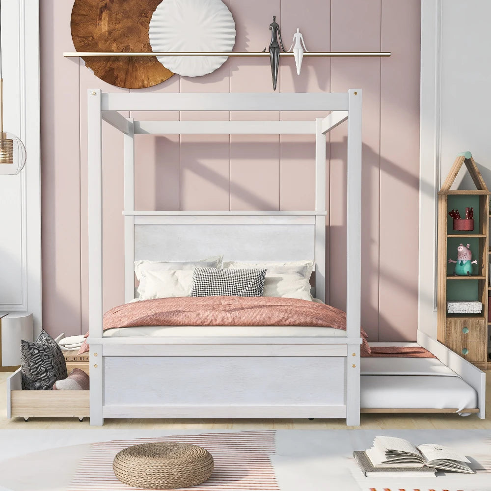 Solid Wood Canopy Bed With Trundle And Two Drawers