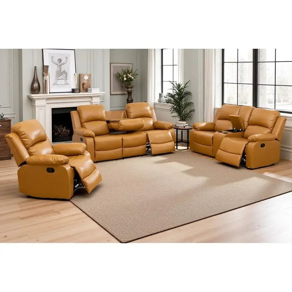Leather Manual Recliner Sofa Set 3 Piece Loveseat And Chair