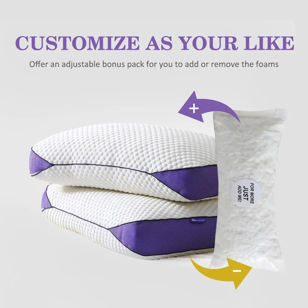 Adjustable Shredded Memory Foam Pillows Cooling Removable Cover 2 Pack