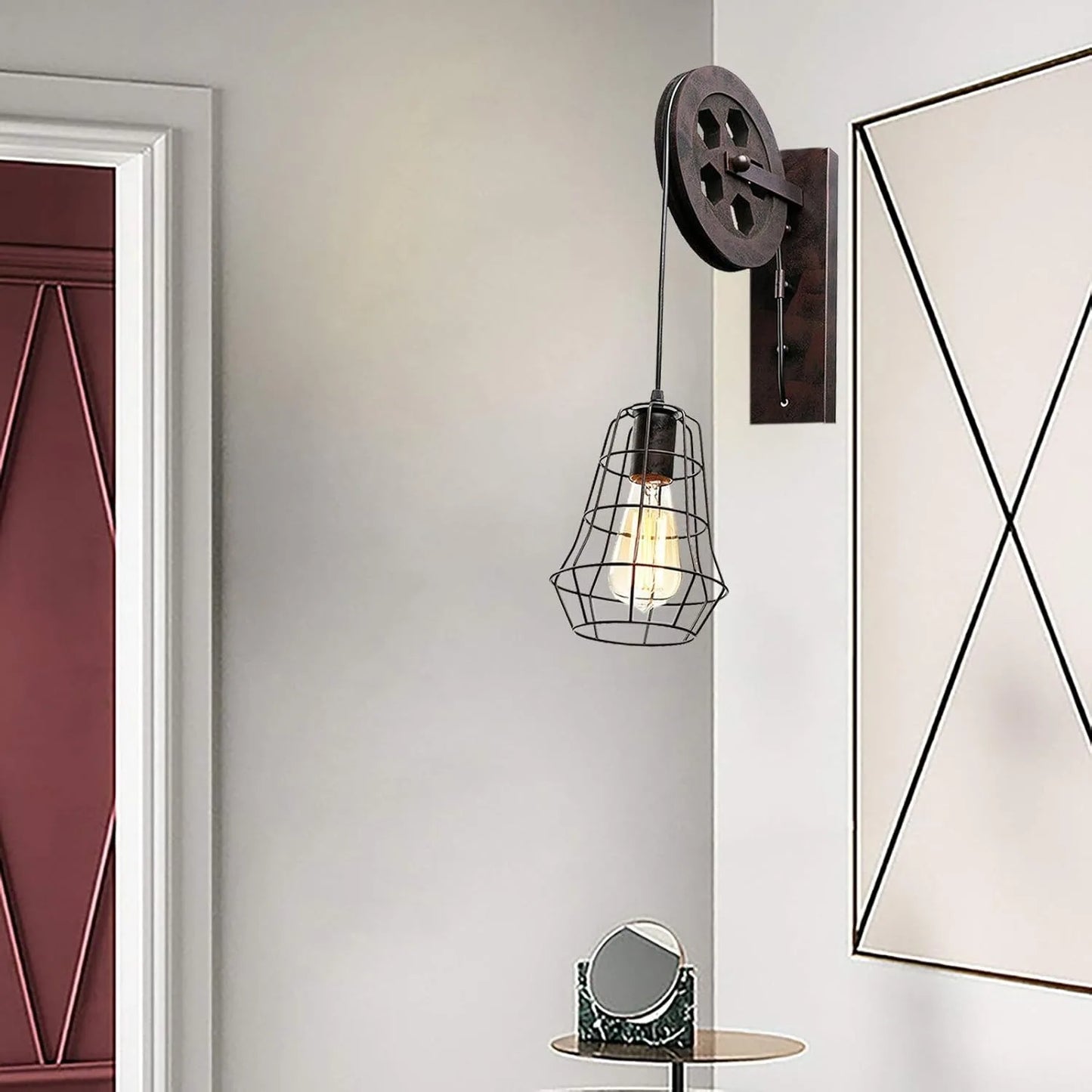 Bymaocar Industrial Wall Sconce Lift Pulley Lamp With Iron Cage