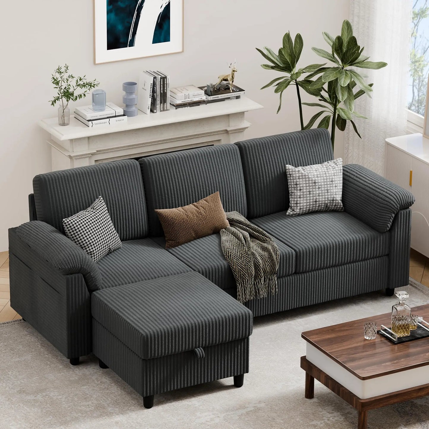 L-Shaped Convertible Sofa With Storage Ottoman And Side Pocket