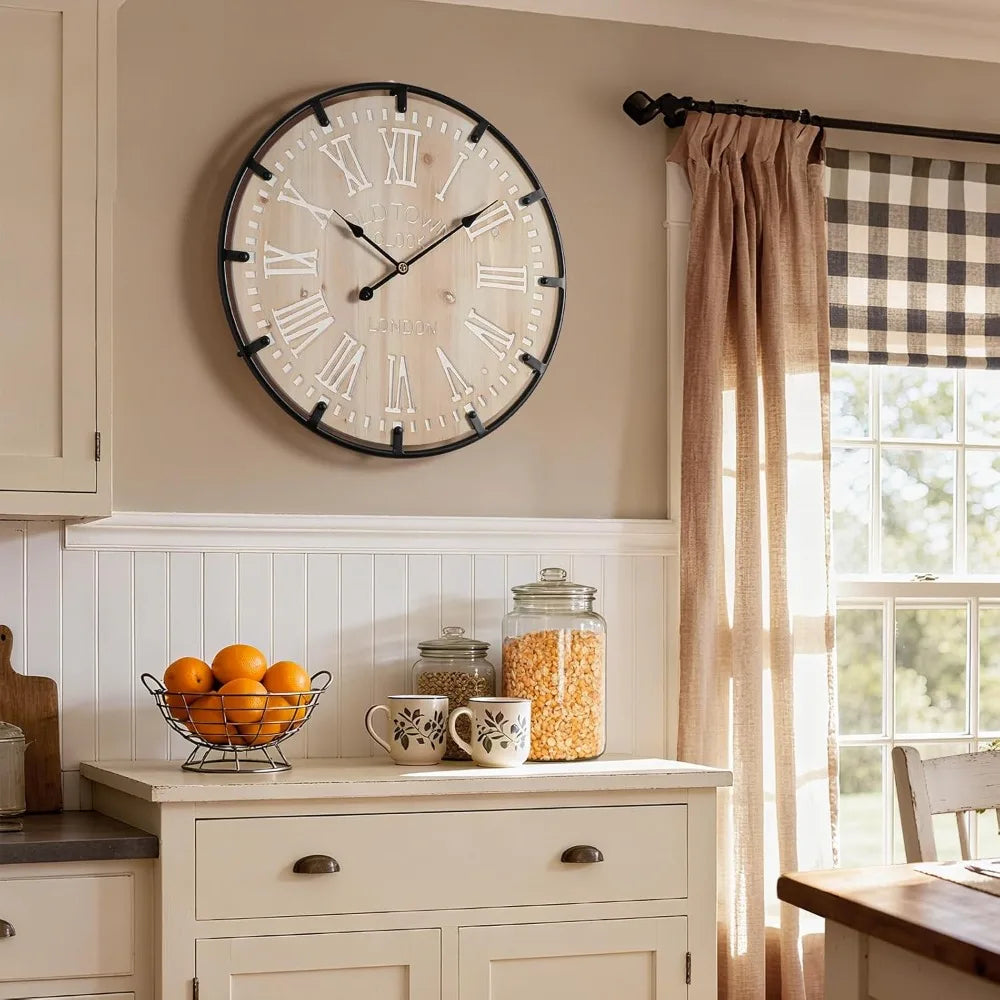 Farmhouse Rustic Wall Clock With Metal Circle Silent Analog Design