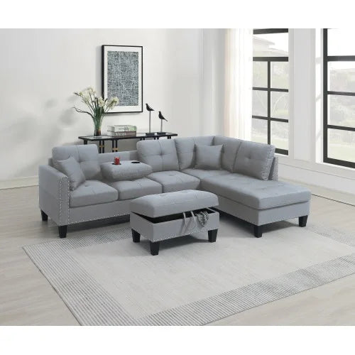 Segmented Storage Sofa Set with Plush Cushions and Cup Holders