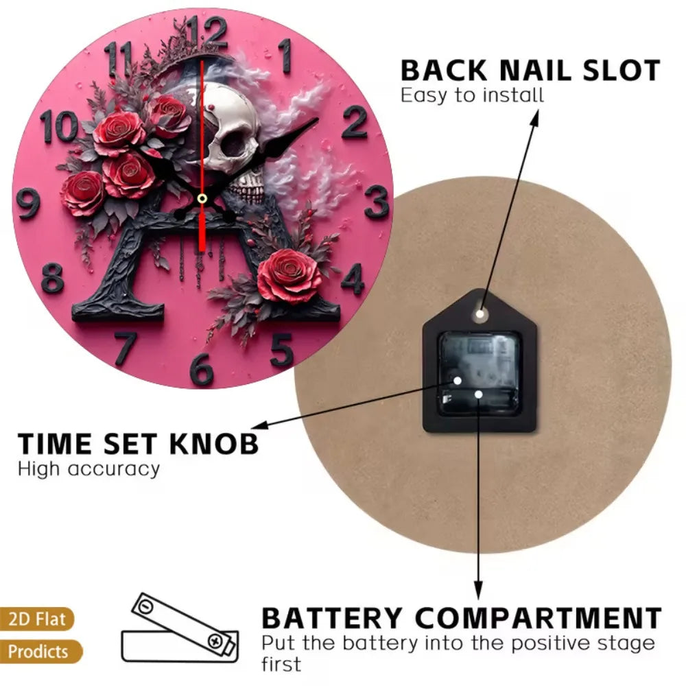 Gothic Skull And Rose Wall Clock Silent Non Ticking