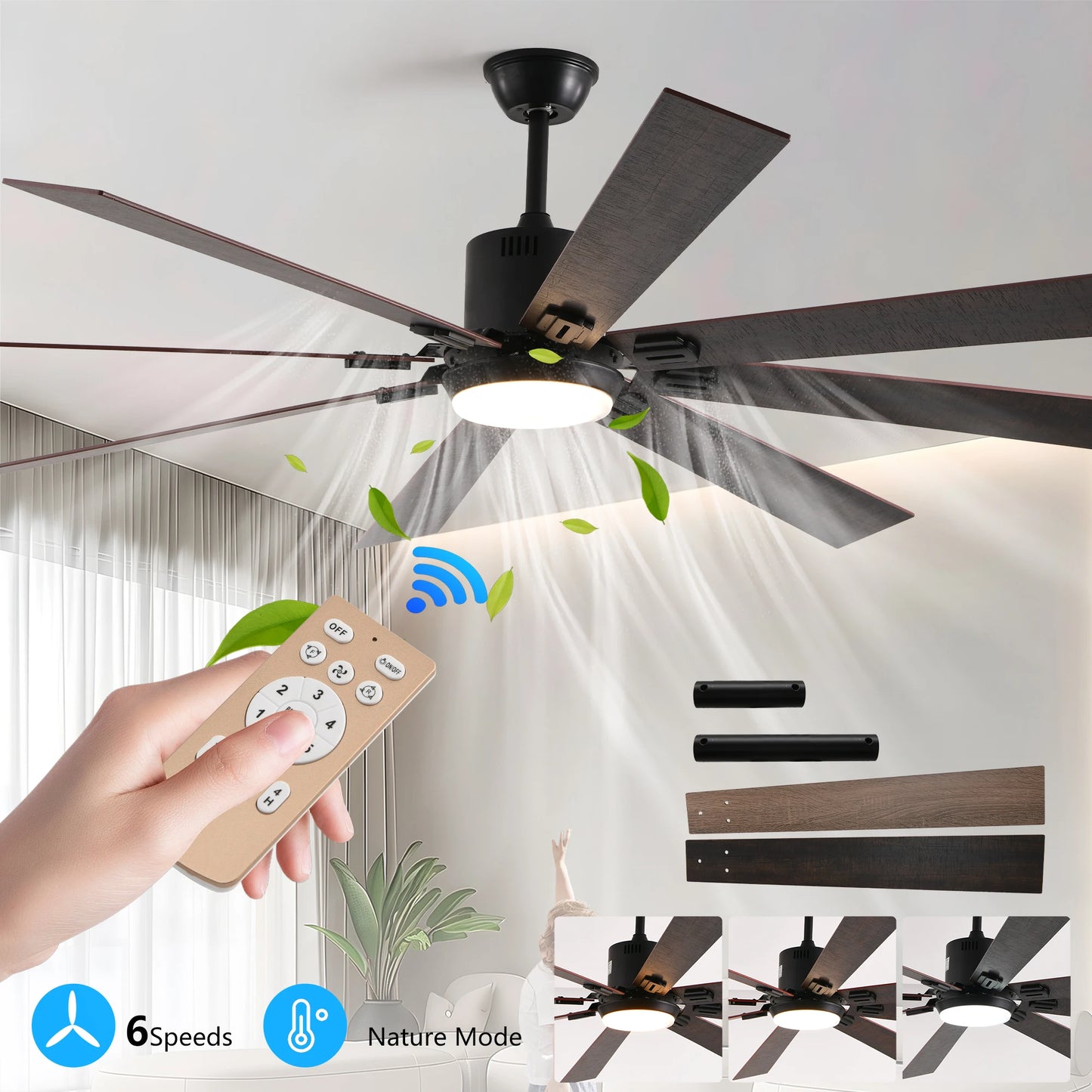 Longree LED Ceiling Fan Light With Dimmable Temperature Remote
