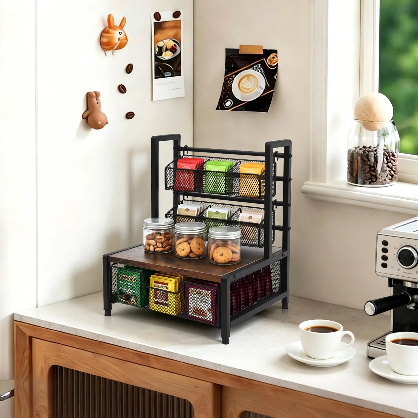 Kitchen Tea Bag Holder Counter Organizer Space Saver With Wire Baskets